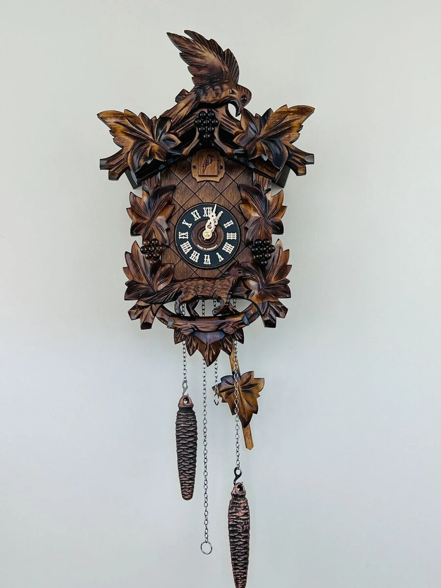 Aesop’s Fable Cuckoo Clock 15 Inch with Hand-Carved Maple Leaves, Grapes, Bird and Fox by River City Clocks