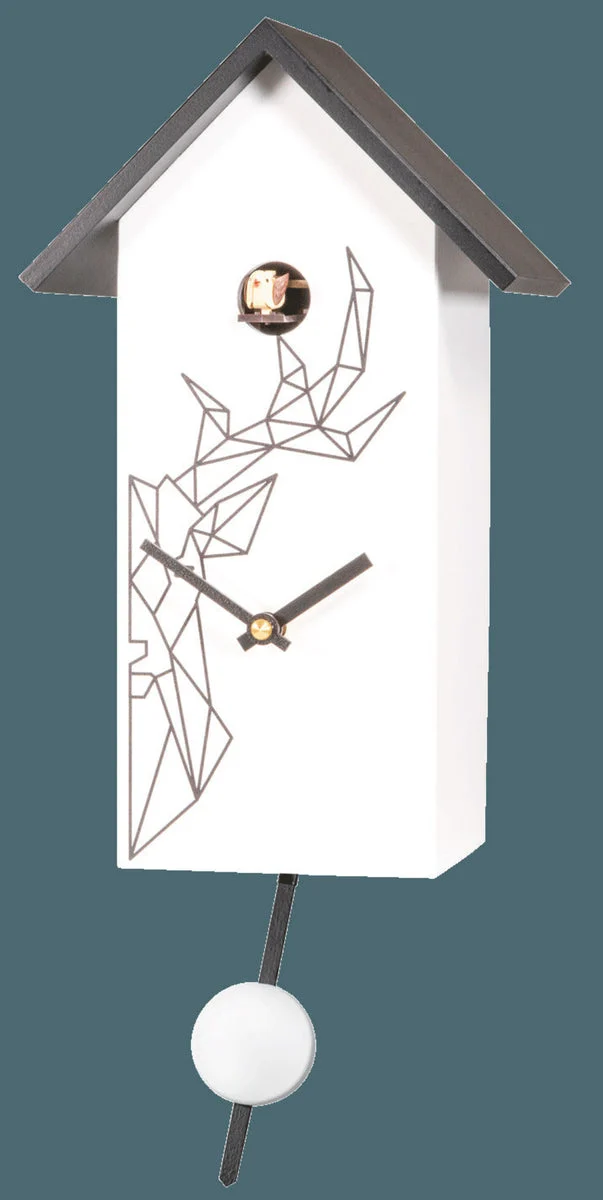 11" White Bird House Quartz Clock – 8 in – Decorative Deer Head Cuckoo – River City Clocks