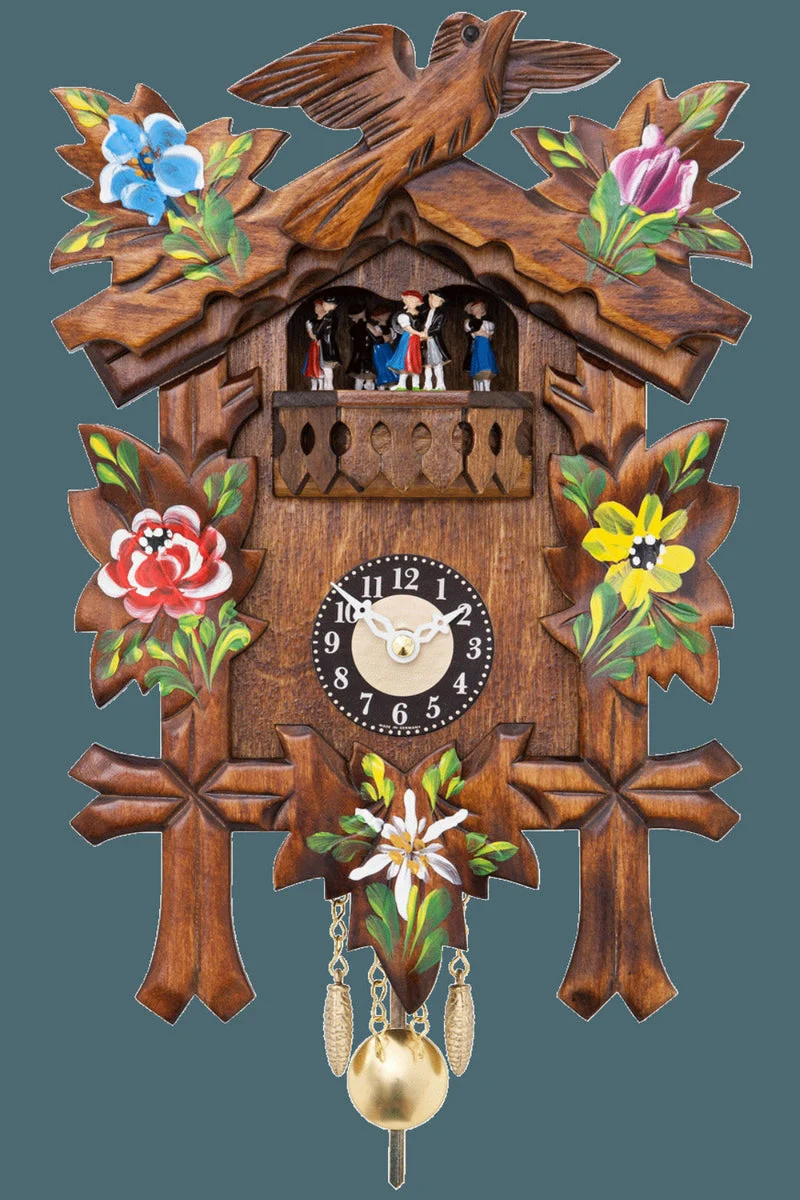 11" Painted Cuckoo Clock – 8 in – 5 Leaves, 1 Bird with Dancers – River City Clocks