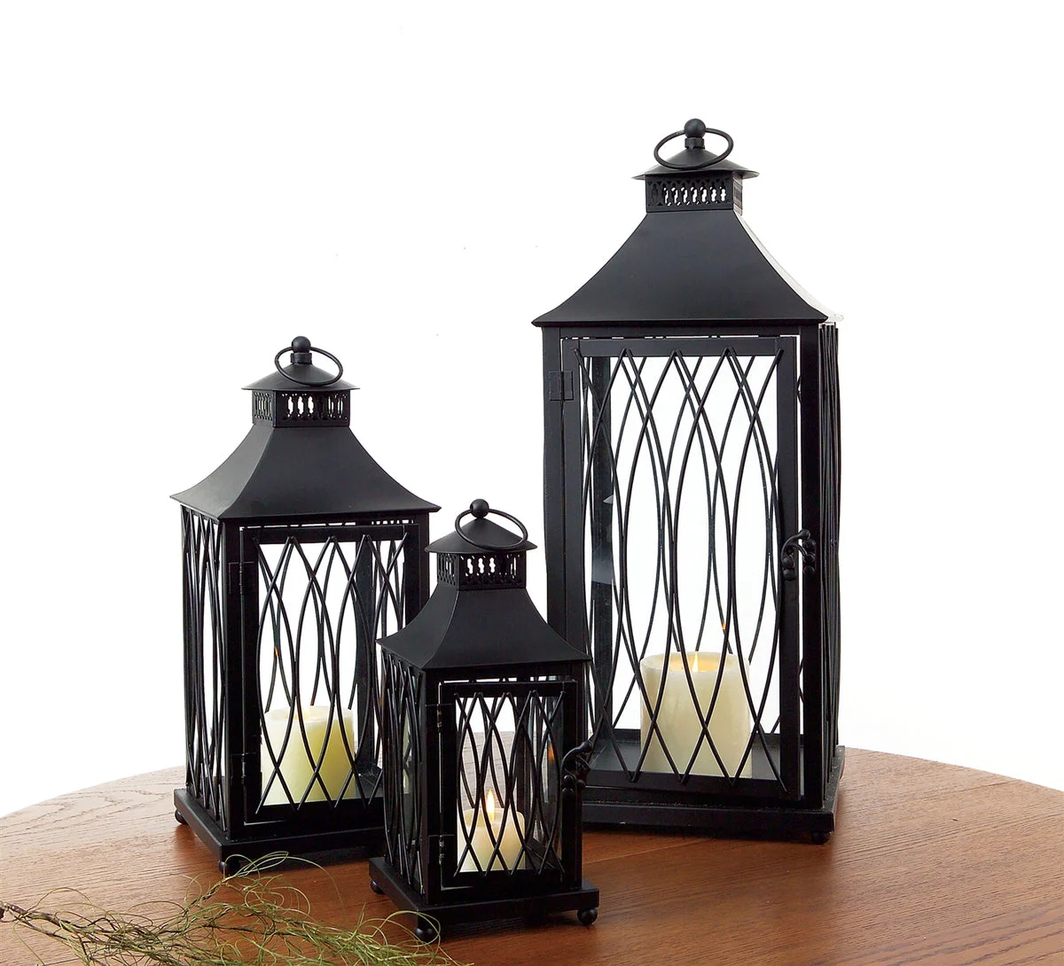 Black Metal Lanterns Set – 11.5", 16", 24" Height – Glass Paneled for Candles or Decor By Melrose