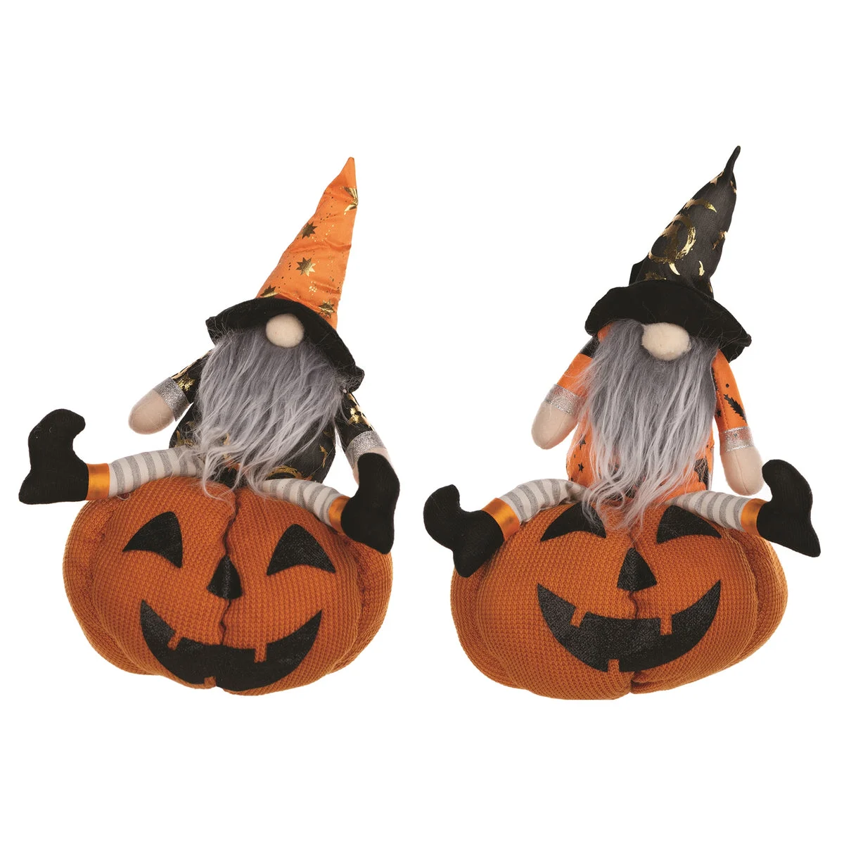 Plush Halloween Gnome on Pumpkin Set – 14"H – Fabric Orange Black – By Melrose