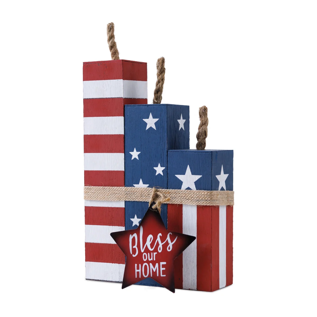 Wood Firecracker Block Set – Americana Red White Blue Decor 14"H – Indoor Display By Melrose