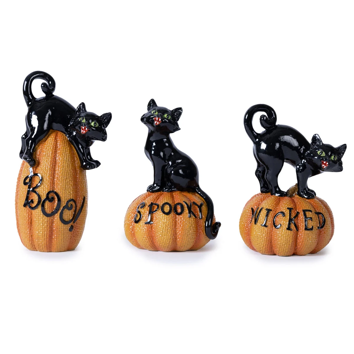 Black Cat on Pumpkin Figurine Set of 3 Polyresin Halloween Décor – Assorted Designs for Shelves & Mantels by Melrose