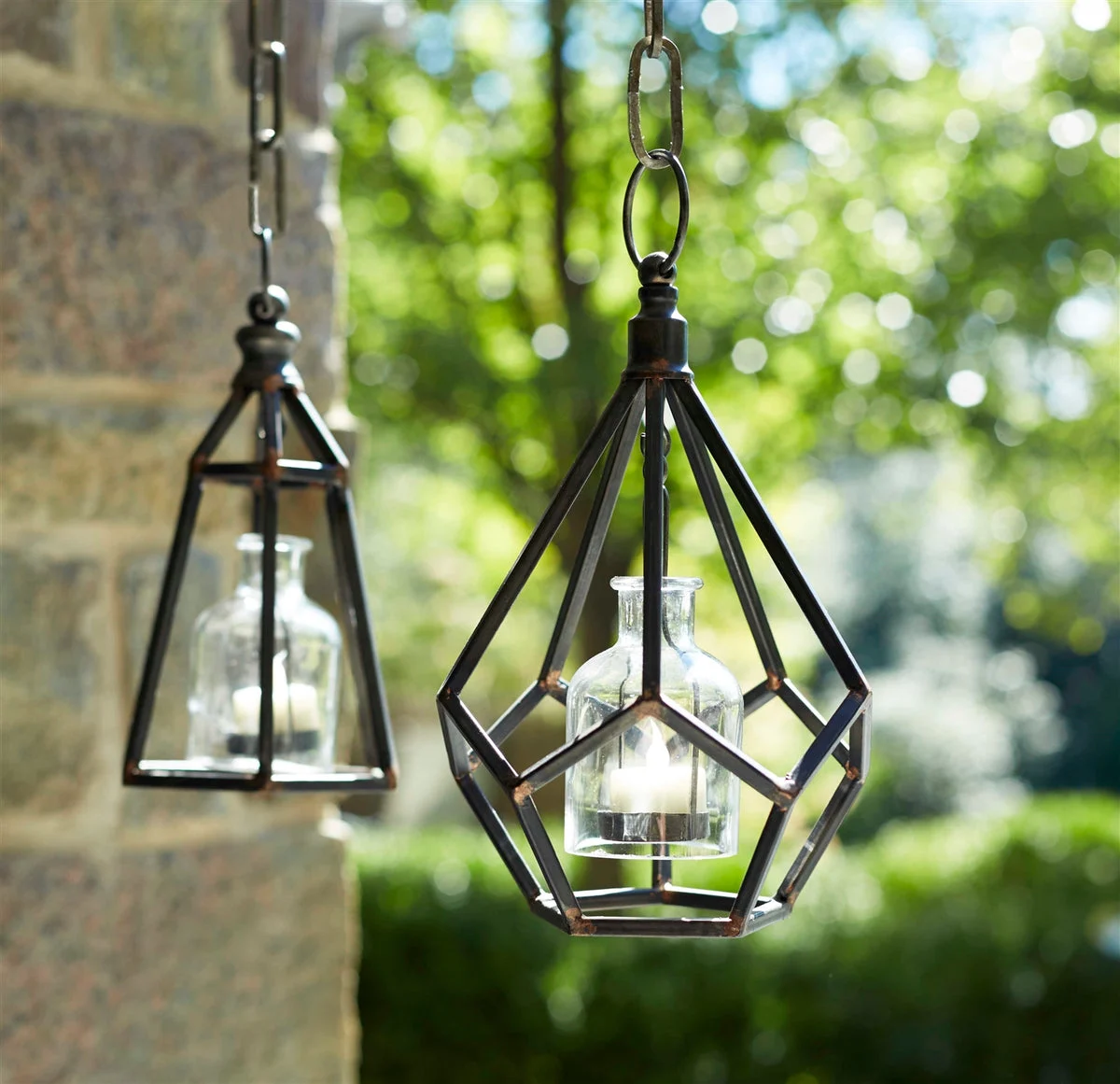 Hanging Tea Light Holder Set Metal and Glass Lanterns 10.5 Inch Copper Finish By Melrose