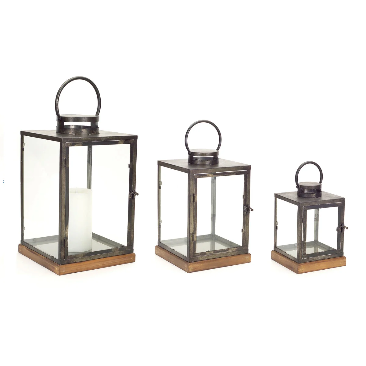 Lantern Set with Wood Base 12 Inch Height Metal and Glass Decorative Holders By Melrose