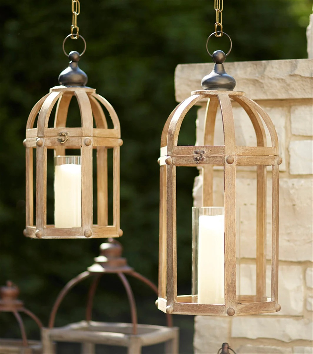 Open Wood Lantern Set 21 Inch Height with Metal Accents and Glass Hurricanes By Melrose