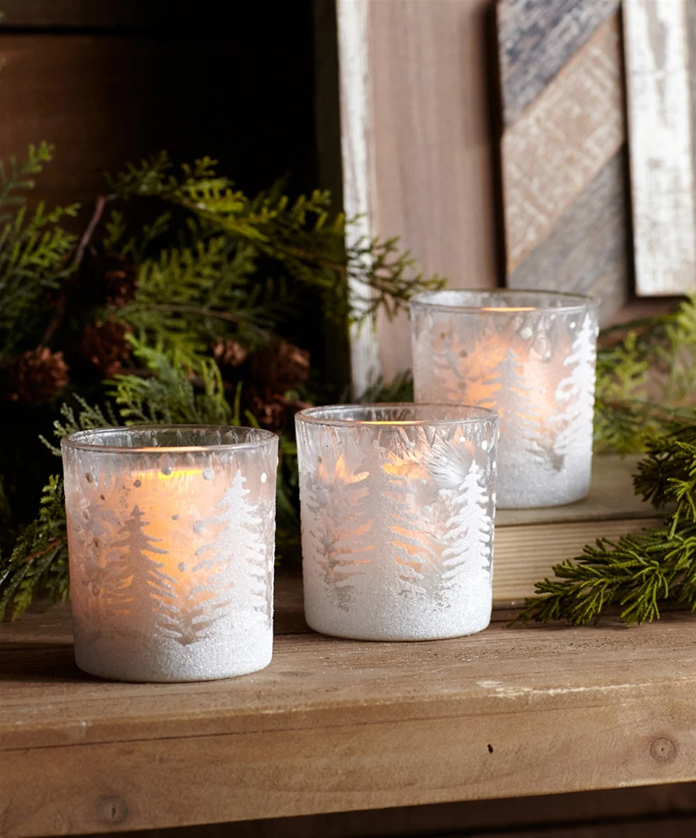 Set of 12 Glass Votive Candle Holders 3.5 Inch Height Frosted Winter Theme By Melrose