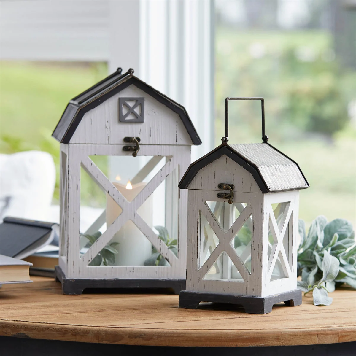 Wood Lantern Set of 2 with Barn Design for Cozy Indoor Displays by Melrose