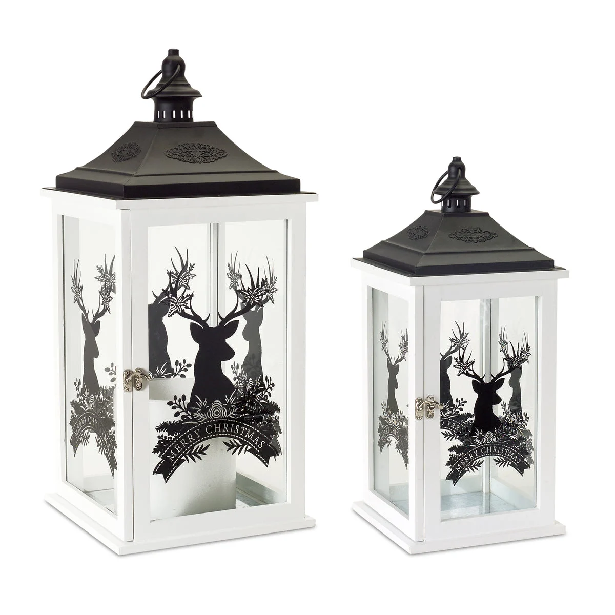 Wood Merry Christmas Lanterns with Deer Design (Set of 2) by Melrose