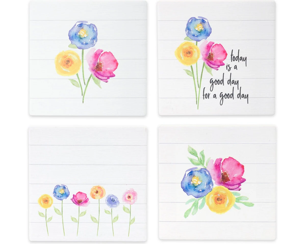 Floral Tile Coaster Set of 12 – 4"L Stoneware & Cork Coasters with Black & White Floral Designs and Inspirational Sentiment by Melrose