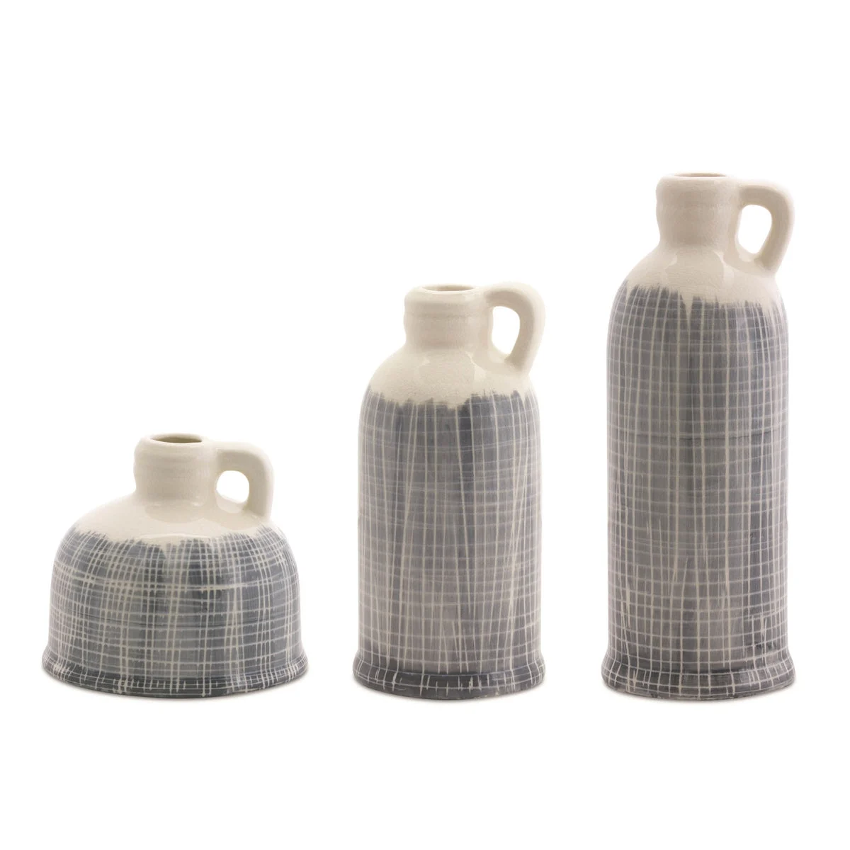 Terra Cotta Jug Vase Set – Blue & White Navy Criss-Cross Pattern Clay Vases, 3 Sizes for Indoor Decorative Display (Set of 3) By Melrose