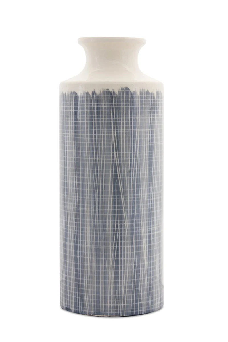 Terra Cotta Floor Vase – 19.25"H Blue & White Navy Criss-Cross Pattern Decorative Accent for Indoor Display By Melrose