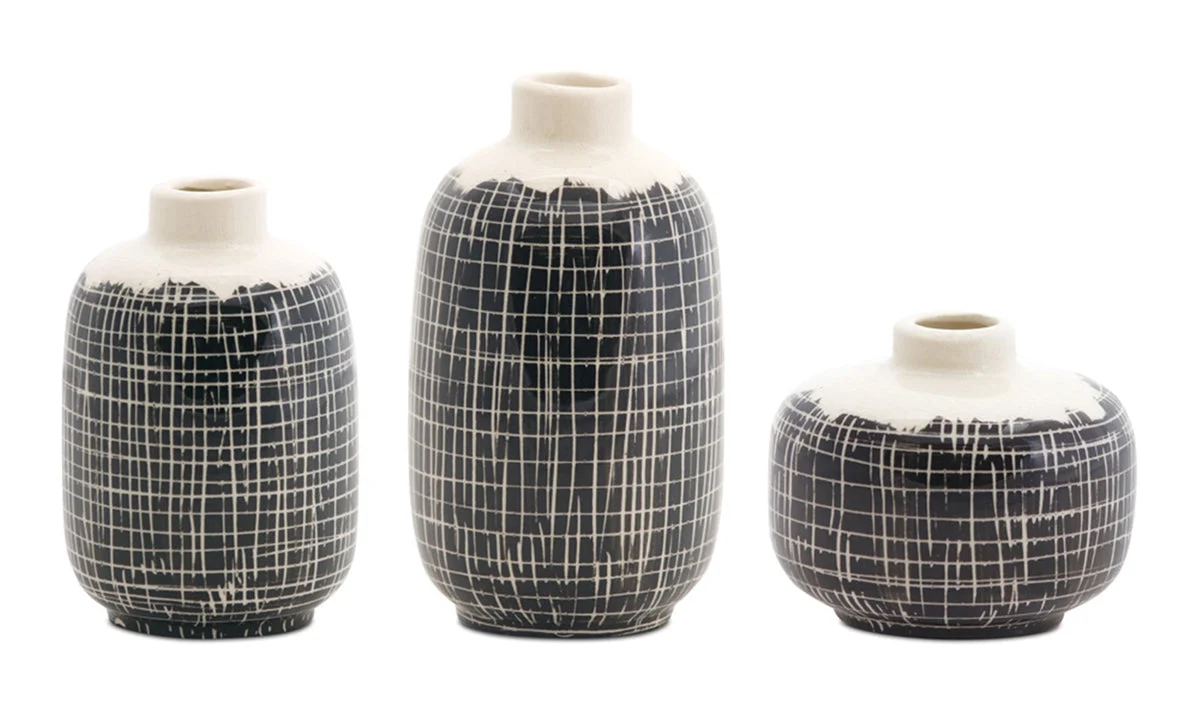 Vase Set - Black & Ivory Mini Terra Cotta Bud Vase – 6-Piece Modern Decorative Accent Collection (Set of 6) By Melrose