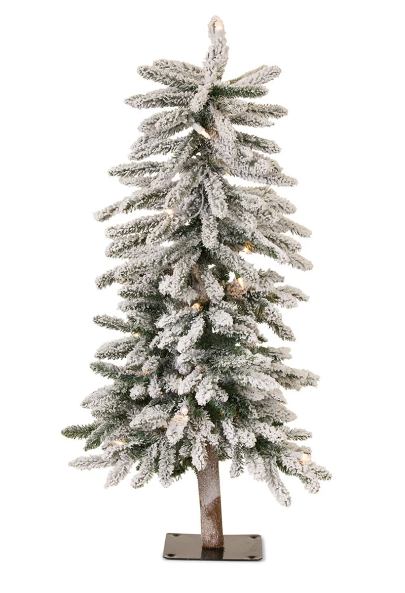 Pre-Lit Flocked Pencil Tree – 3' Tall – PVC and Metal Base for Holiday by Melrose