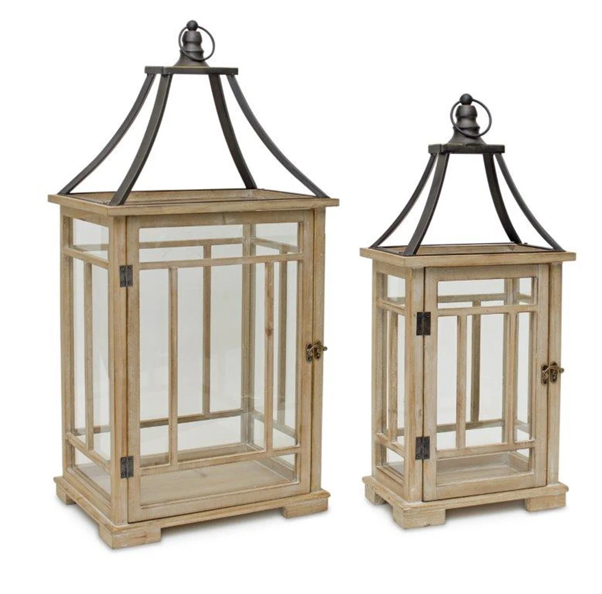 Natural Wood and Metal Lantern (Set Of 2) – Rustic Frame Design – 31 Inch Height – For Indoor Candle Display – By Melrose