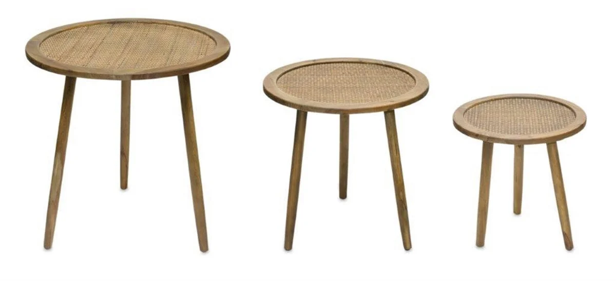 Rattan Wood Accent Table Set of 3 – Natural Frame Design – 24 Inch Height – For Boho Living Spaces – By Melrose