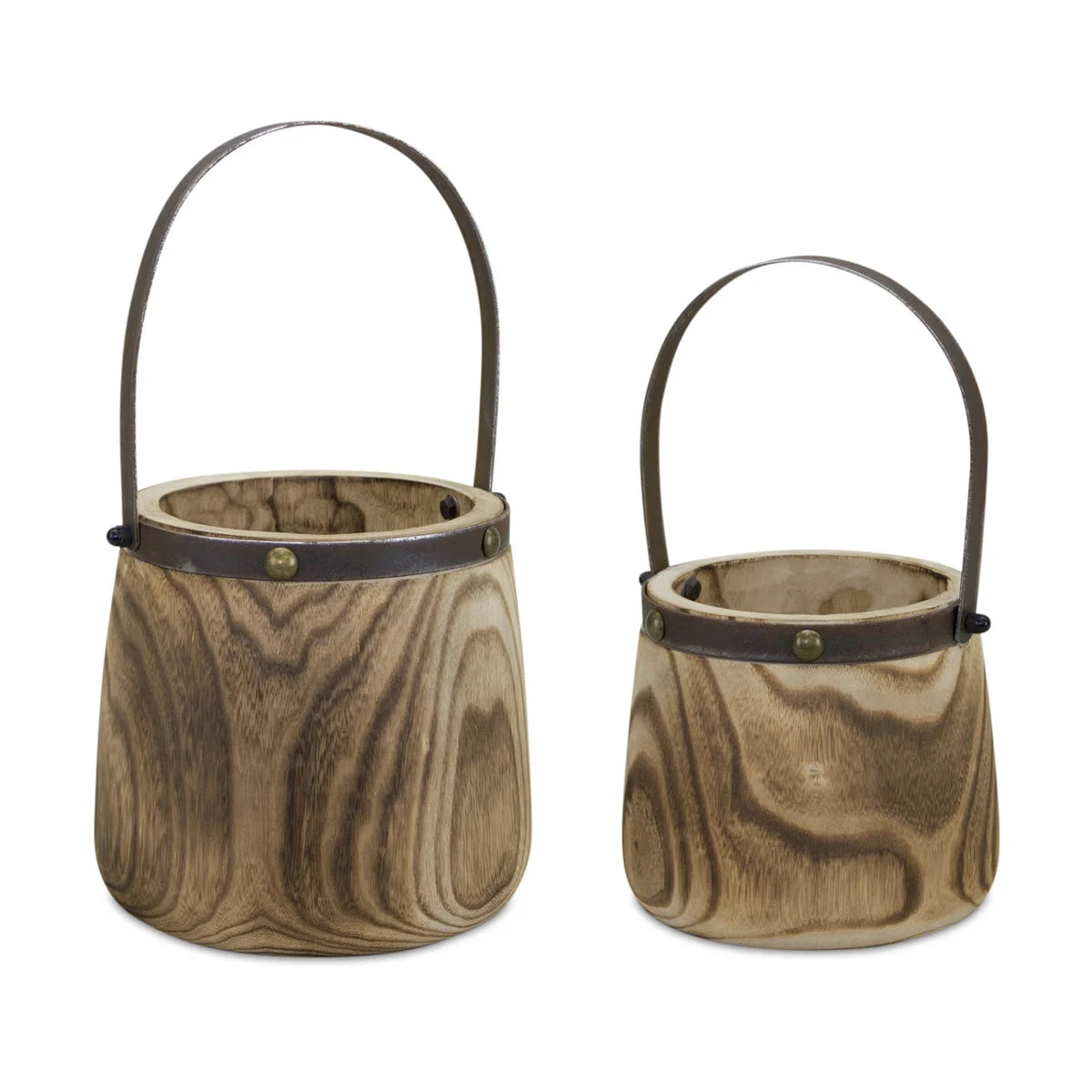 Natural Wood Planter Pails Set of 2 – 11.75"H & 14"H with Metal Handles – By Melrose