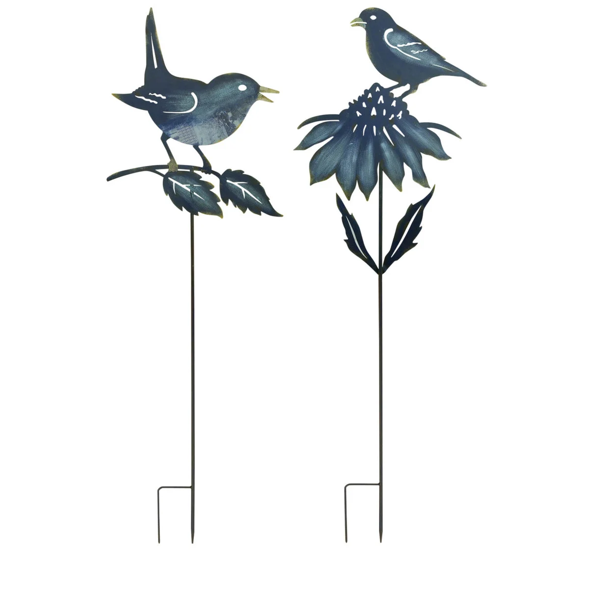Bird Garden Stakes Set of 2 Blue and Gold Iron Yard Decor 50" Tall by Melrose