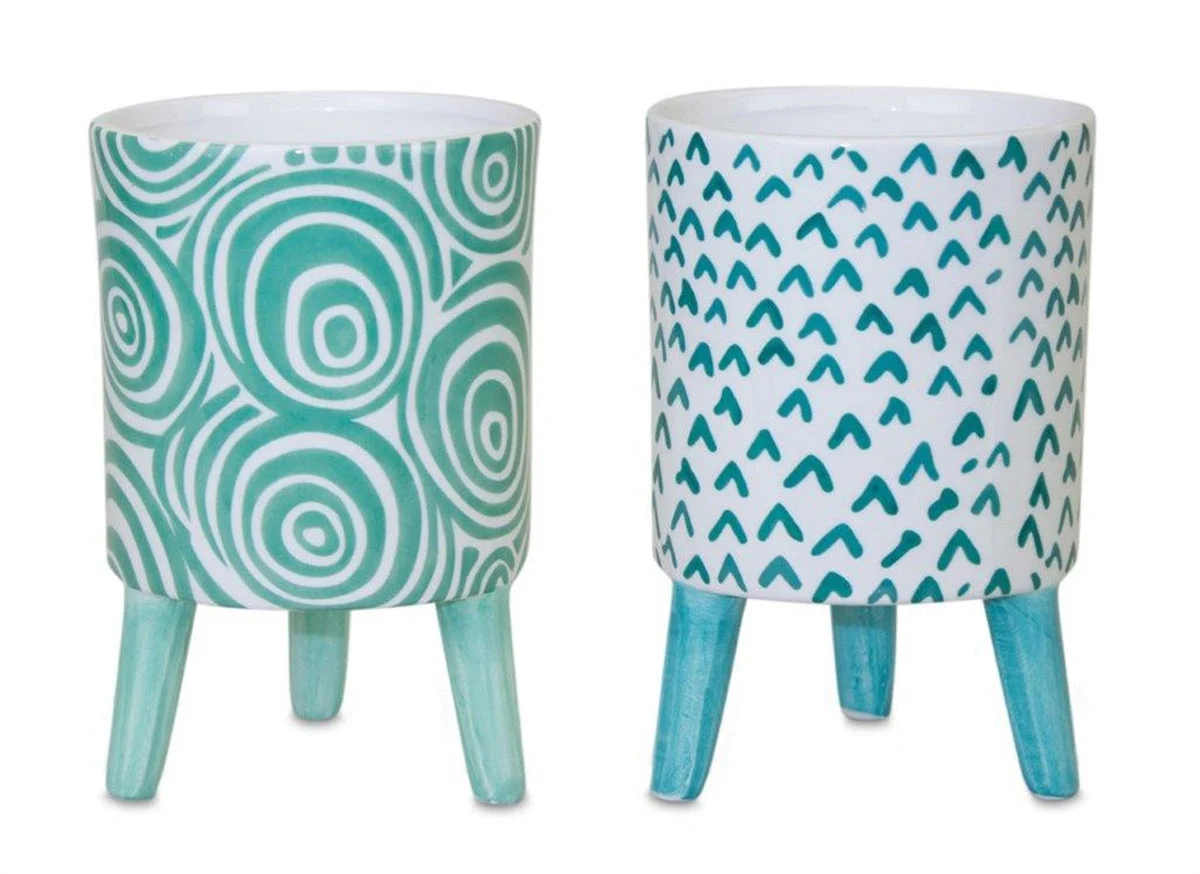 Blue Patterned Pot with Legs (Set of 2) 6 Inch for Indoor Planting By Melrose
