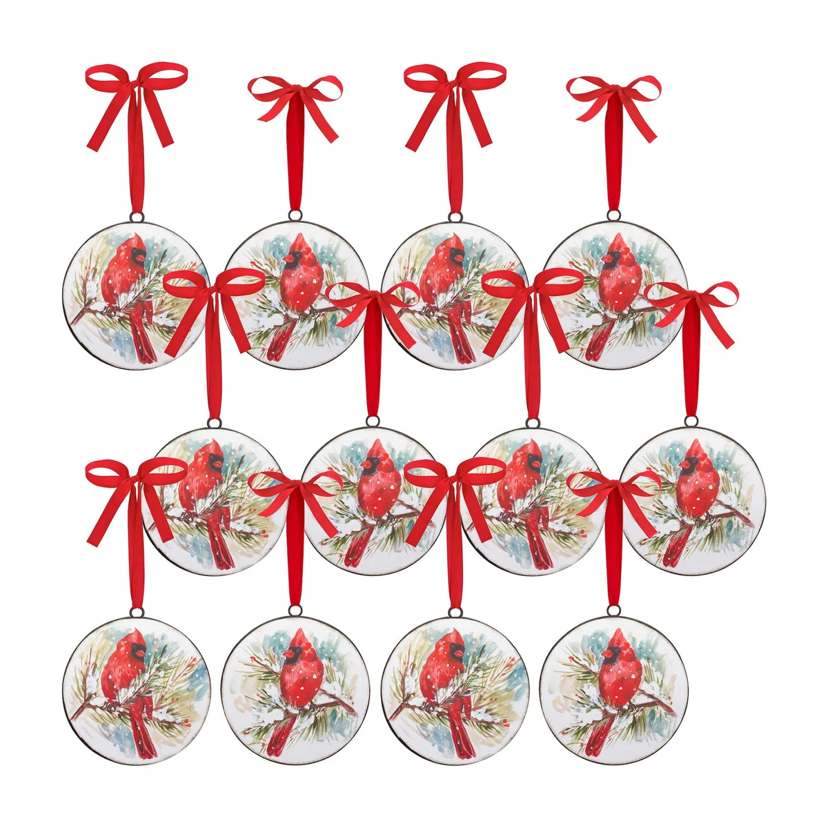 Cardinal and Pine Ornament (Set Of 12)– Iron Metal – 5.75 Inch Christmas Tree Decor – By Melrose