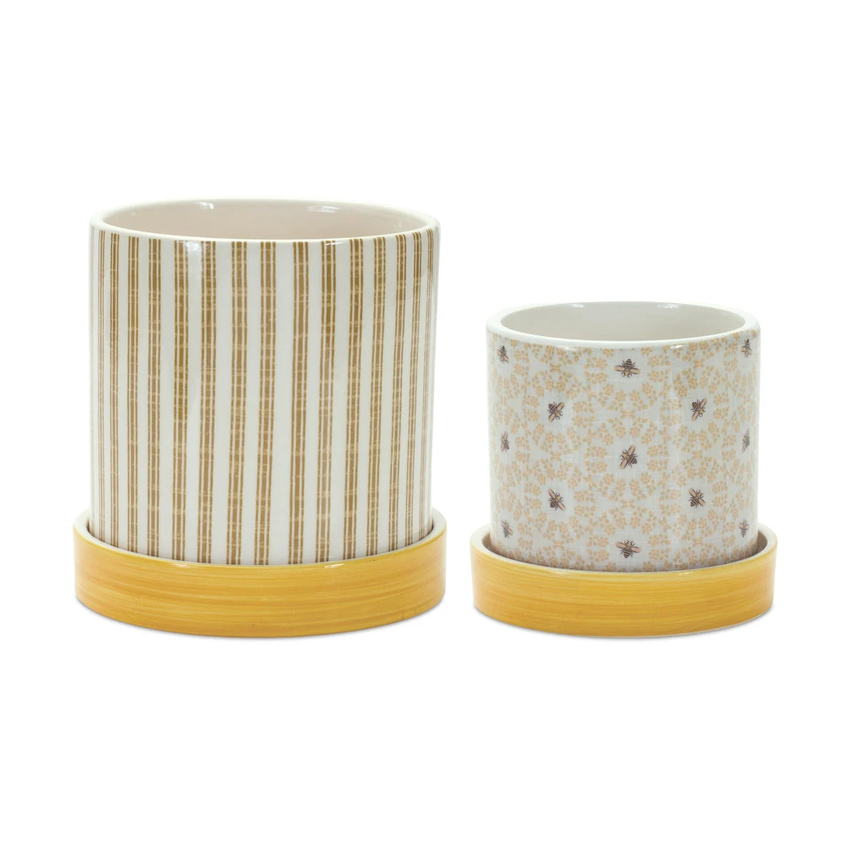 Bumble Bee Striped Planter with Plate Set of 2 – Dolomite – 5.25" Tall by Melrose