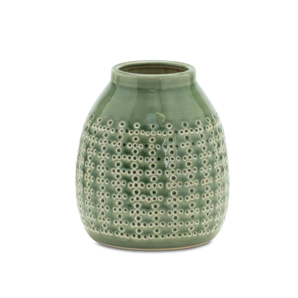 Punched clay terracotta container 7.25 inch height in green and white for home decor Melrose