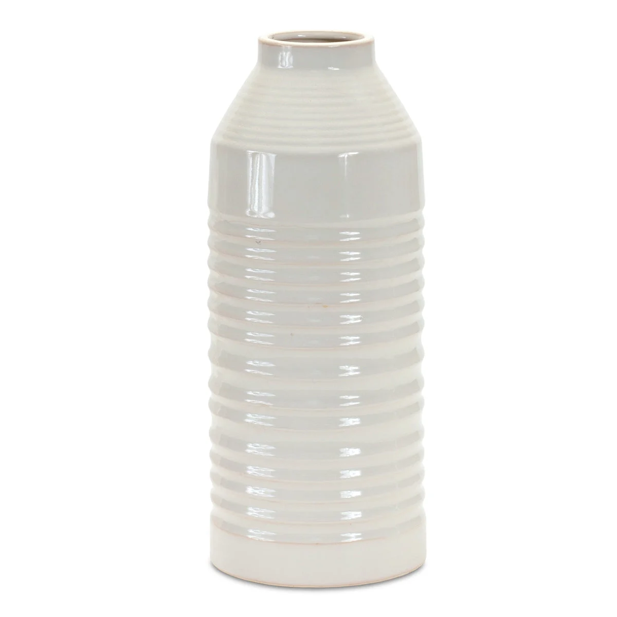 White Terra Cotta Vase – 14.75"H – Modern Ribbed Vase for Tabletop By Melrose