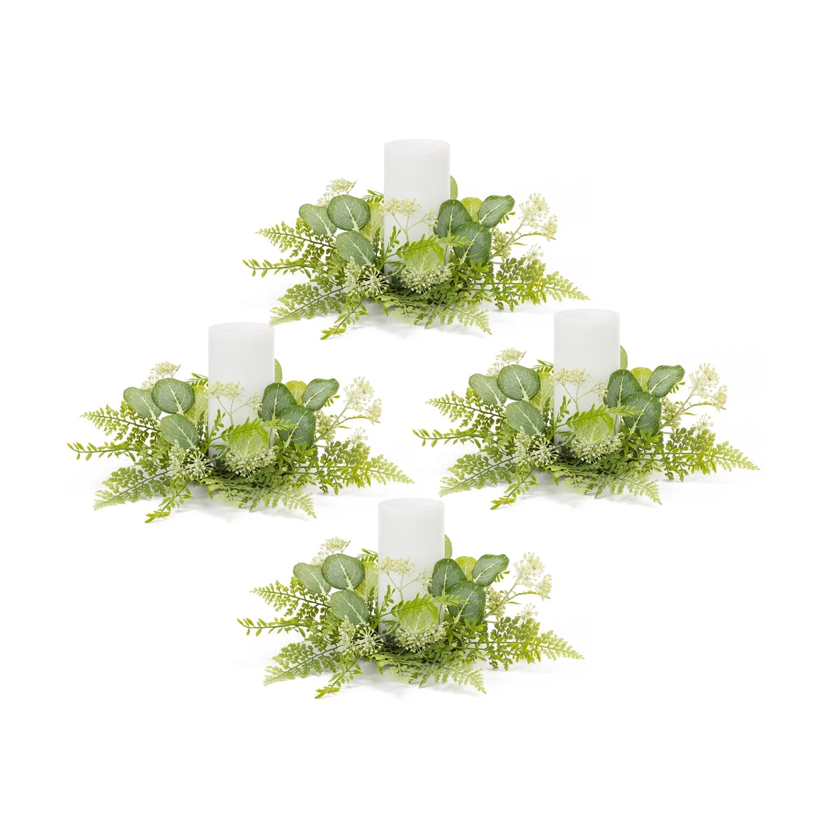 Foliage Candle Ring Set of 4 – 5 Inch Height – Green Fern and Eucalyptus Accent for Centerpieces By Melrose