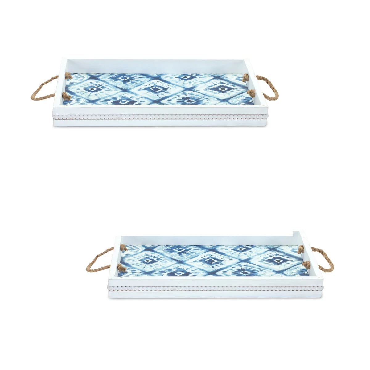 Wood Tray Set Of 2 White and Blue 2 Inch Decorative Display Trays for Home Styling By Melrose