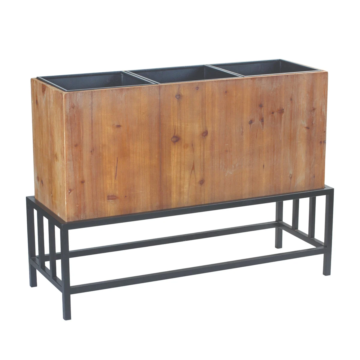 Wooden Triple Planter with Iron Stand 27 Inch Height for Patio or Entryway By Melrose