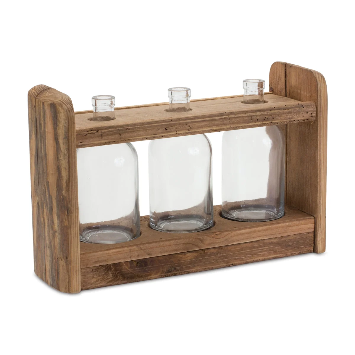 Rustic Pine Wood Holder with Three Glass Vases – 15" by Melrose