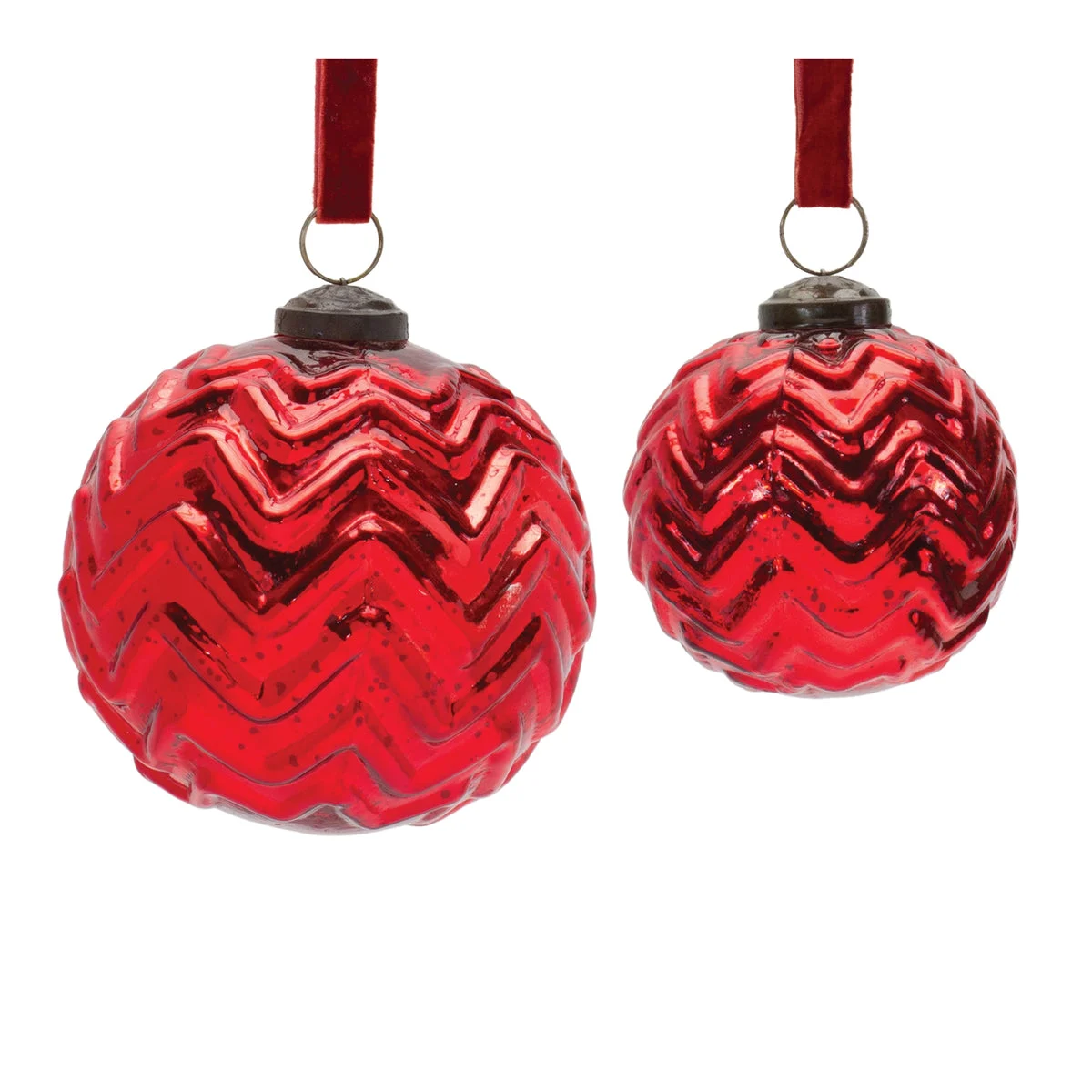 Christmas Tree Ball Ornaments – Set of 4 – Red Glass Mercury Finish with Velvet Ribbon By Melrose