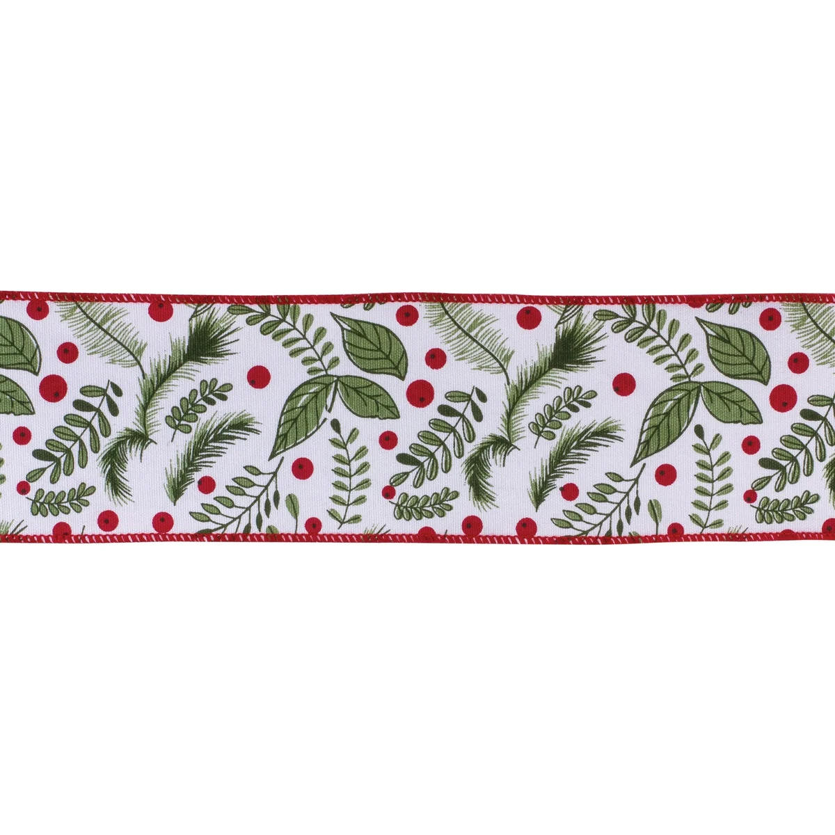 Wired Holiday Ribbon 0.25 in Cotton Holly Pattern White Green Red 4 in x 10 Yards By Melrose