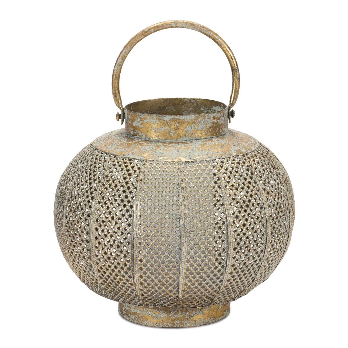 Distressed Punched Metal Lantern – 8.75"H Copper-Green Bohemian Candle Holder with Glass Insert by Melrose