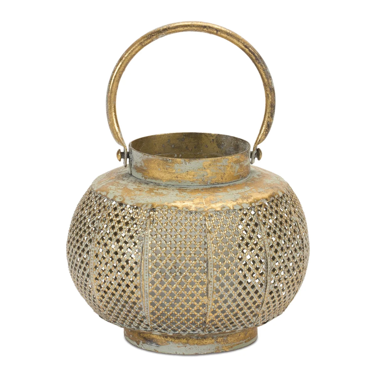Distressed Punched Metal Lantern – 5.75"H Copper-Green Bohemian Candle Holder with Glass Insert by Melrose