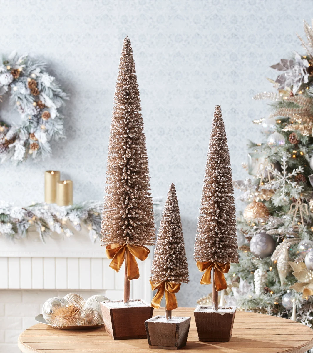 Potted Bottle Brush Pine Tree Set – 20.5", 30", 39"H Gold & White Tabletop Christmas Trees (Set of 3) Plastic Holiday Accents by Melrose