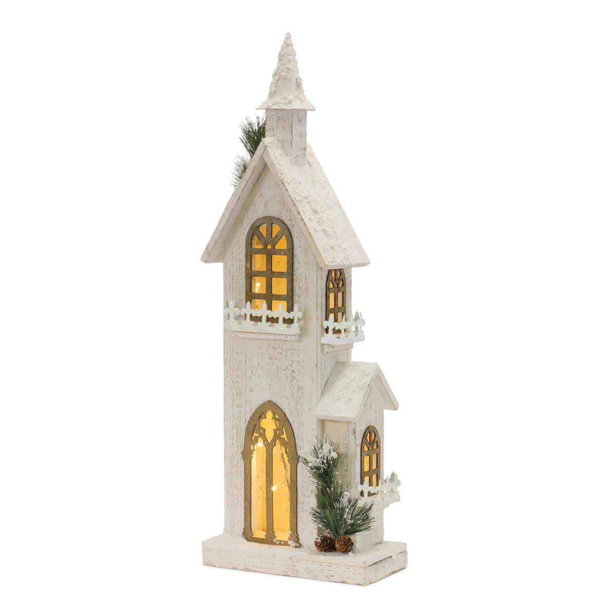 Lighted Wooden Church Display – 27H Fir Wood White Brown – LED Holiday Accent – By Melrose