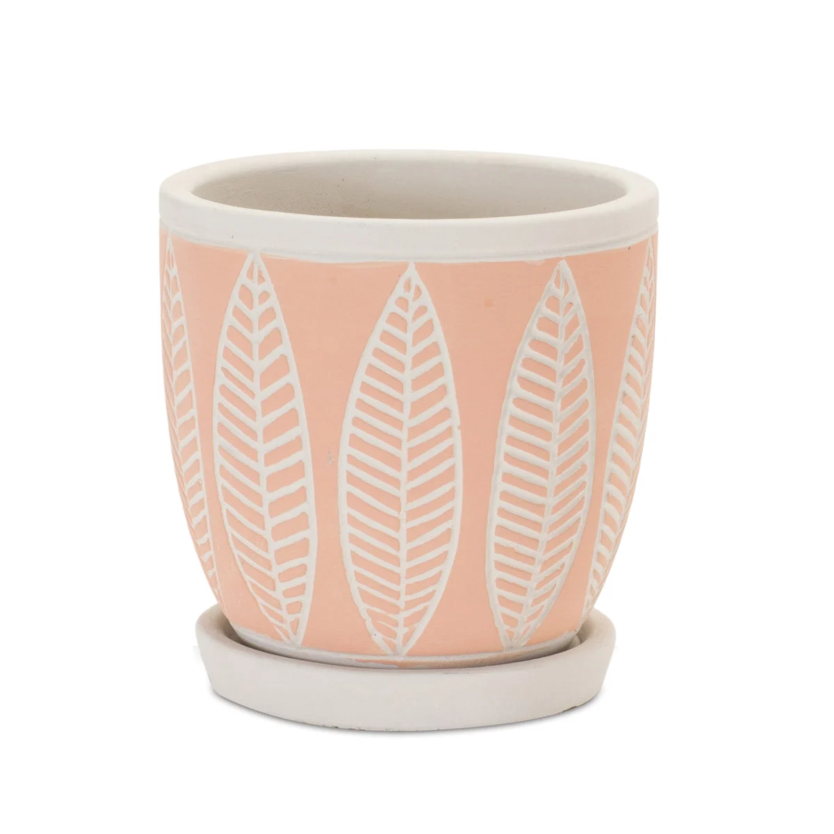 Stone Planter with Plate Set – 5.5"H Cement and Sand Planters (Set of 2) Pink and Beige Leaf Print by Melrose