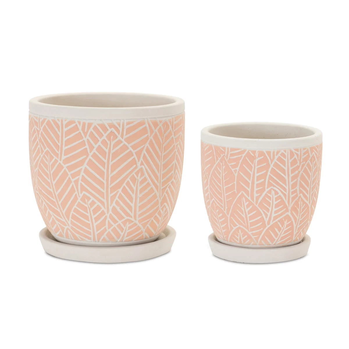 Stone Planter with Plate (Set of 2) – Pink & Beige Cement Pots with Leaf Print by Melrose