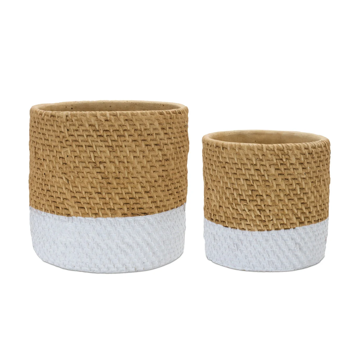 Woven Stone Planter (Set of 2) – Brown & White Cement Pots with Wicker Texture by Melrose