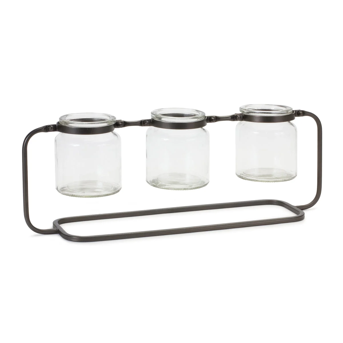 Triple Bottle Vase in Iron Stand – 7"H Modern Iron and Glass Tabletop Decor by Melrose