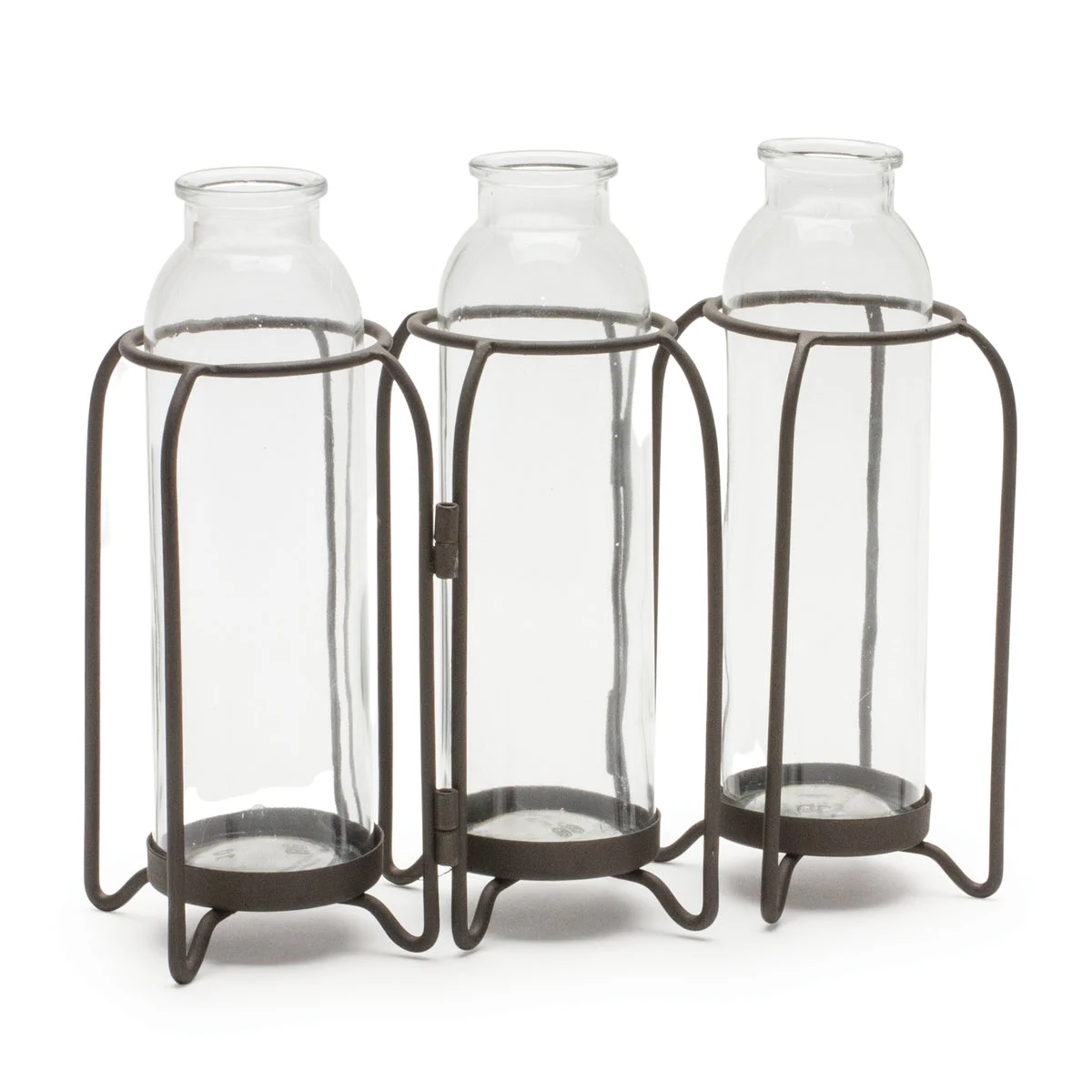 Bottle Vases in Iron Holder – Triple Glass Design – 8.25" Tall by Melrose