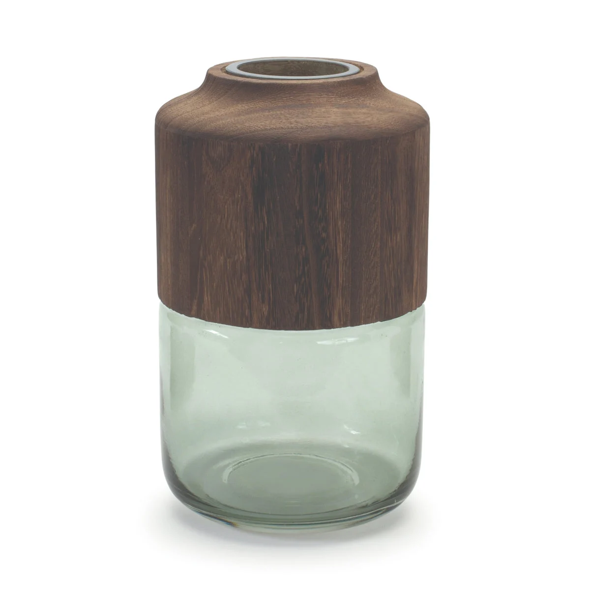 Sage Glass Container 11" with Wood Accent Decorative Vase for Home Display by Melrose