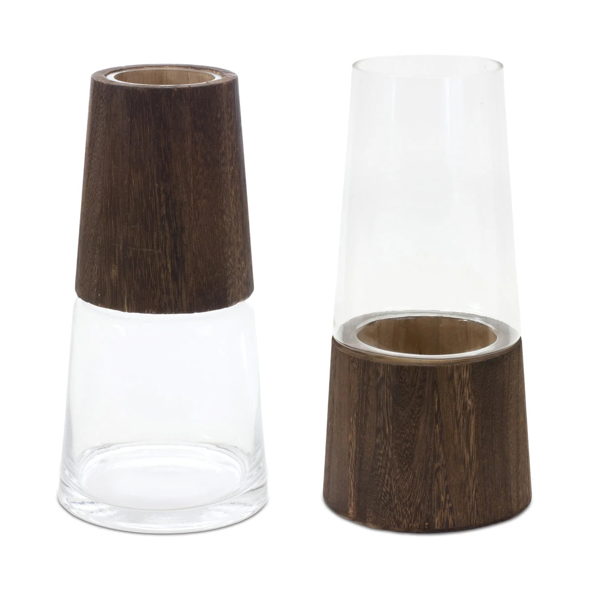 Tapered Glass Vase Clear Glass with Natural Wood Accent Decorative Indoor Tabletop Centerpiece Set of 2, 11"