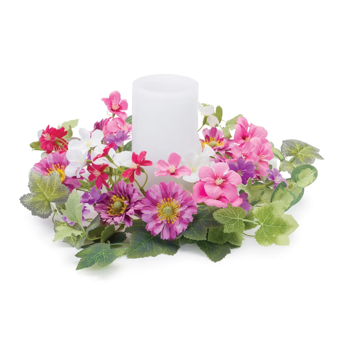 Mixed Daisy Floral Candle Ring Green and Pink Decorative Faux Flower Accent for 4" Candle, 11.5"