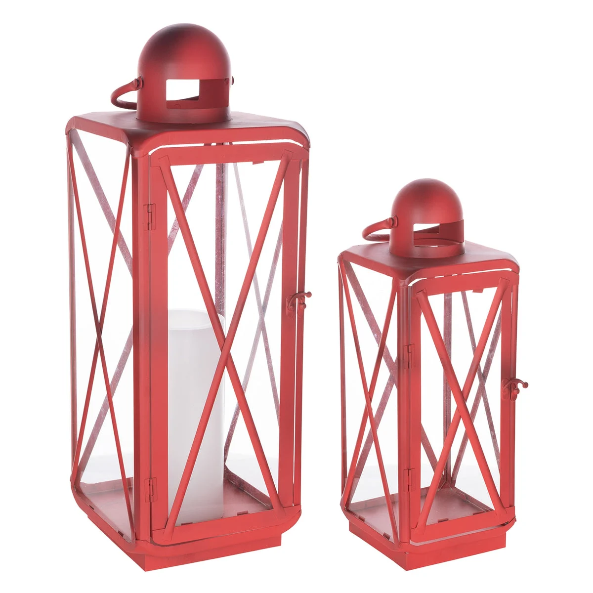 Traditional Red Metal Lantern Set 23" Curved Decorative Candle Holders By Melrose