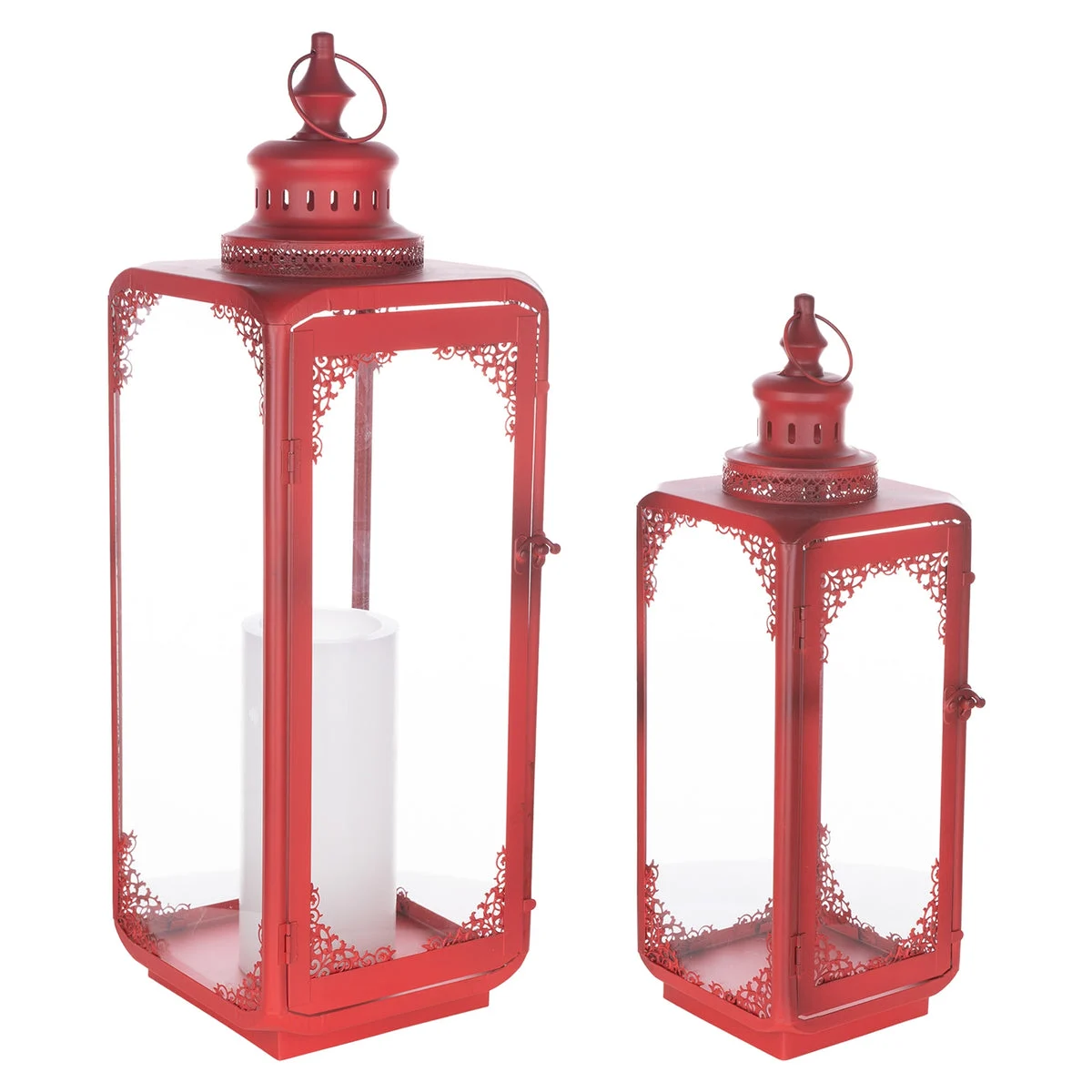 Decorative Red Metal Lanterns Set of 2 –24" Tall Vintage Style by Melrose