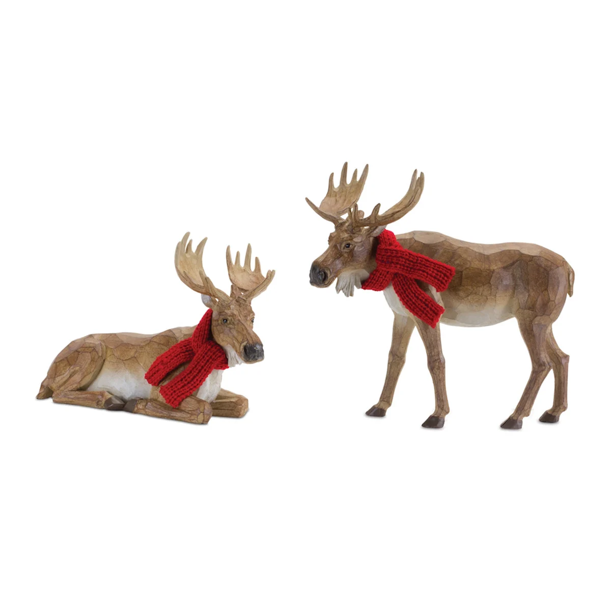 Christmas Moose Decor Set of 2 Hand-Carved with Scarf 9.5" H by Melrose