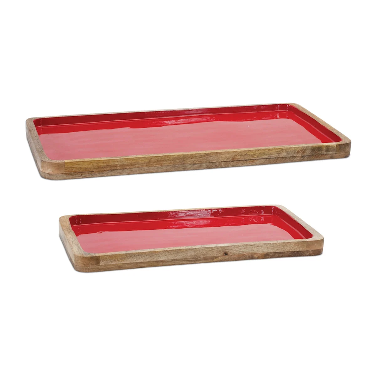 Red Wooden Trays (Set of 2) with Natural Wood Trim – 20"L & 16"L Rustic Decor Trays By Melrose