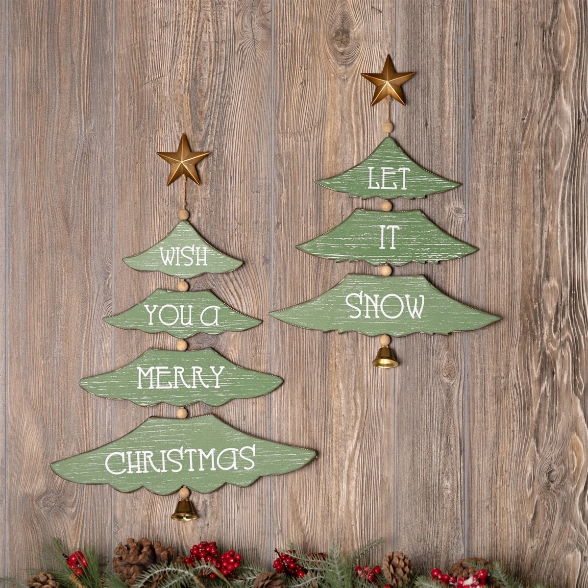 Christmas Pine Tree Wall Sign 17.5"H & 21.5"H Green and Gold MDF/Iron (Set of 2) by Melrose